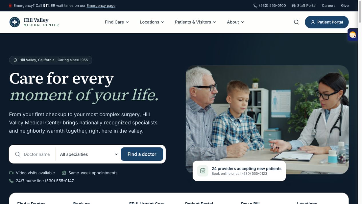 Hospital website — Hill Valley Medical Center