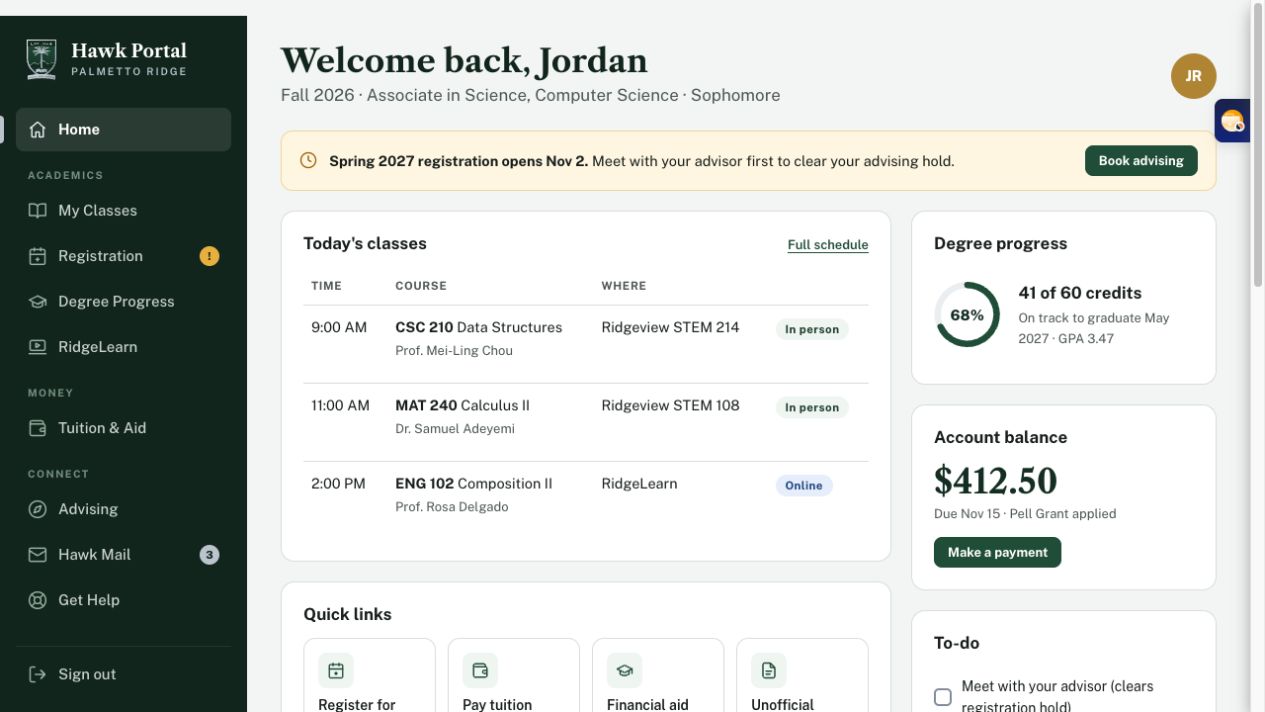Hawk student portal — Palmetto Ridge Junior College